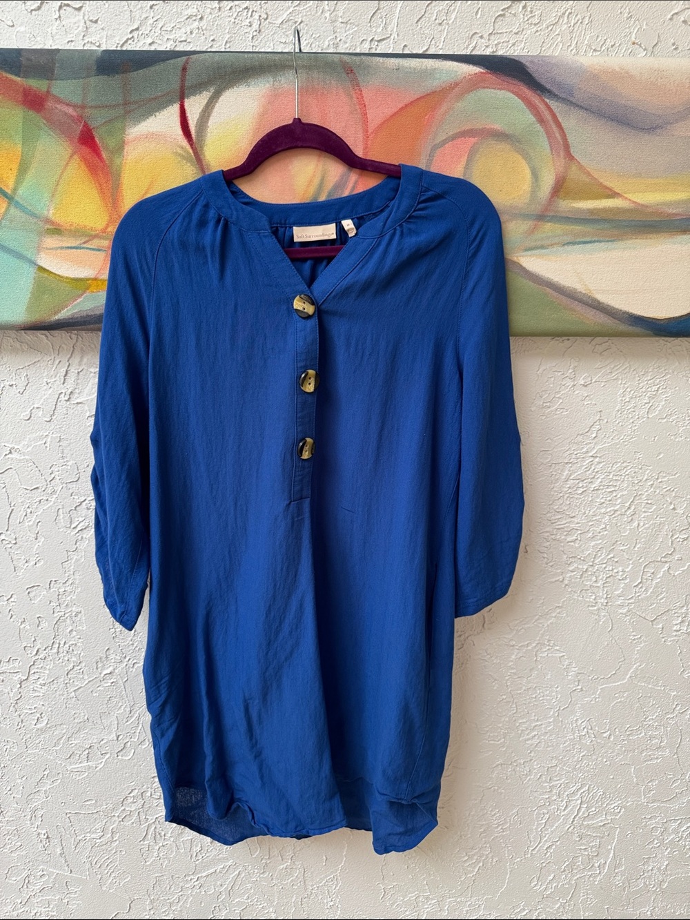 Soft Surroundings Royal Blue Button-Front Tunic With Drape Loose Sleeves/Pockets